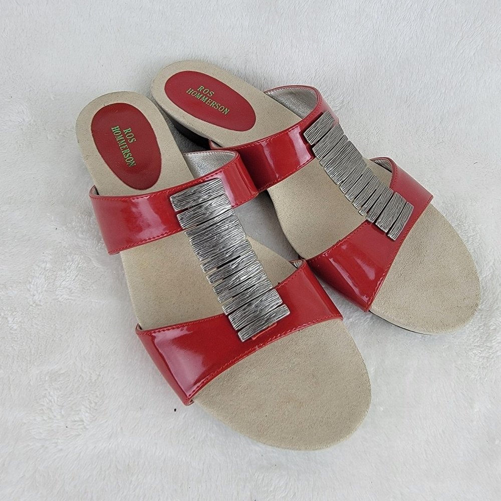 Ros Hommerson Red Strappy Silver Metal Buckle Wedge Low Heel Sandals Size 8.5S